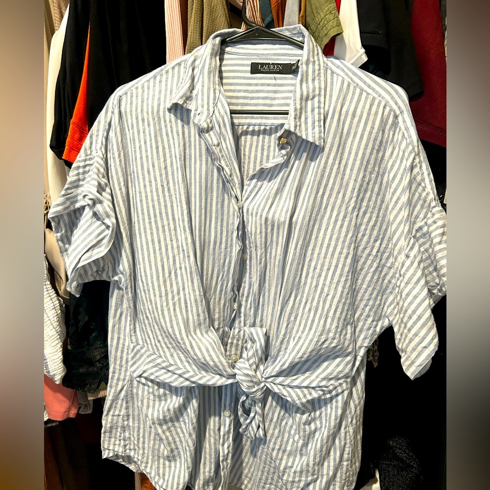 Blue Striped Womens Shirt with front tie. Size Large